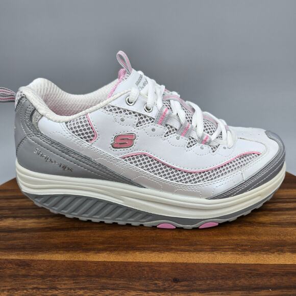 Skechers Shape Ups Shoes Women's 7 White Silver Pink Leather Athletic Sneakers